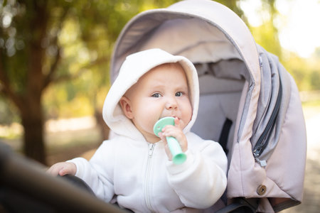 Little cute baby wearing hoodie chewing teether, sitting in stroller outdoors