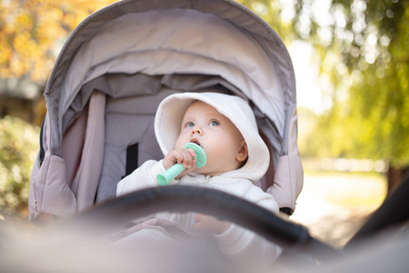 Little cute baby wearing hoodie chewing teether, sitting in stroller outdoors