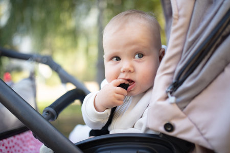 Little cute baby sits in stroller outdoorsの写真素材