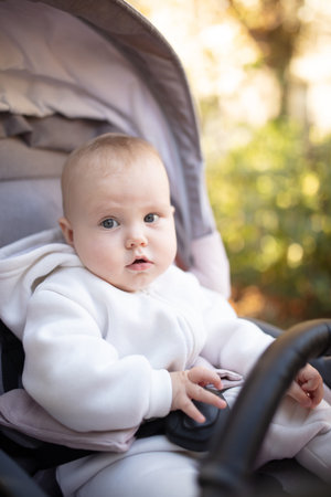 Portrait of cute little baby in stroller outdoors