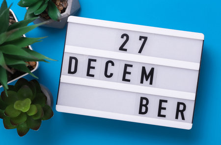 Lightbox with text December 27 on blue backgroung with decorative plant. Flat lay. Top viewの写真素材