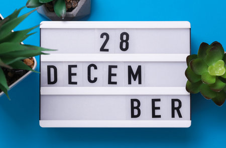Lightbox with text December 28 on blue backgroung with decorative plant. Flat lay. Top viewの写真素材