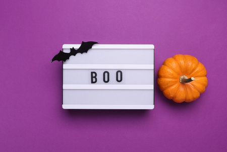 Halloween concept. Lightbox with text BOO and holiday decoration. Flat lay. Top viewの写真素材