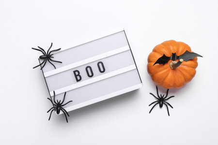 Halloween concept. Lightbox with text BOO and holiday decoration. Flat lay. Top viewの写真素材