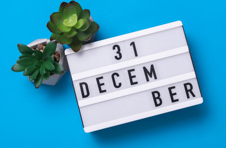 Lightbox with text December 31 on blue backgroung with decorative plant. Flat lay. Top viewの写真素材