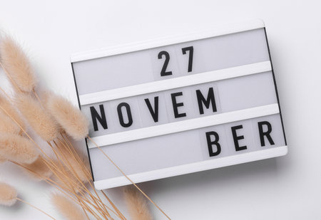 November 27 letterboard text on Lightbox with dry lagurus flowers, white background. Seasonal calendar. Flat lay. Top viewの写真素材
