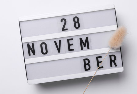 28 november letterboard text on Lightbox with dry lagurus flower, white background. Seasonal calendar. Flat lay. Top viewの写真素材