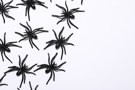 Halloween pattern with plastic spiders on white background
