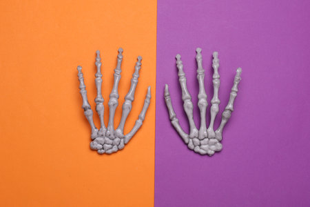 Halloween decoration concept. Plastic skeleton hands on purple orange background