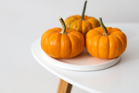 Autumn, Halloween still life. Miniature pumpkins on a tableの写真素材