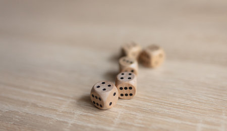 set of wooden dice on the tableの写真素材