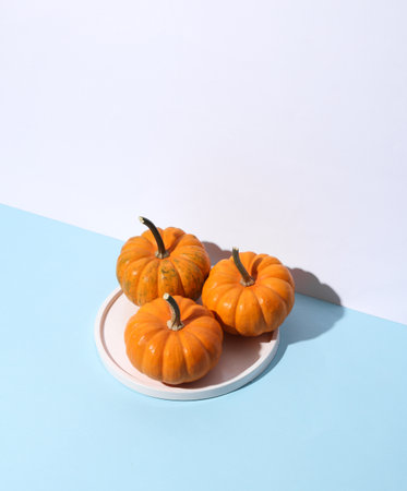 Three miniature pumpkins on blue white background. Autumn still life, Halloween conceptの写真素材
