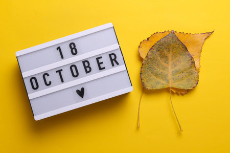 18 October letterboard text on LED Lightbox with autumn fallen leaves, yellow background. Seasonal calendar. Flat lay. Top viewの写真素材