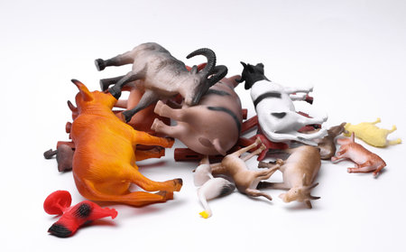 Toy farm set of animals on white backgroundの写真素材