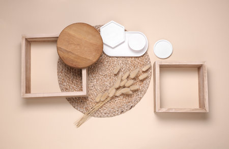 Composition of plaster and wooden figures. Moodboard for design. Top view. Flat lay