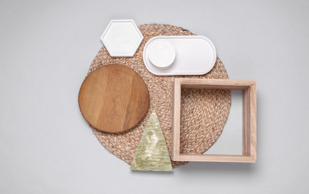 Composition of plaster and wooden figures. Moodboard for design. Top view. Flat layの写真素材