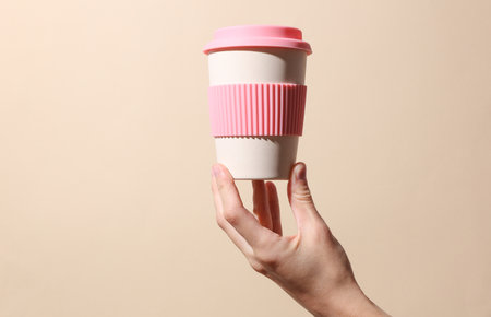 Eco plastic coffee cup in hand on beige background