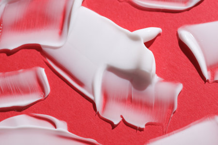 Shape and texture of white cream strokes on red background. Beauty concept