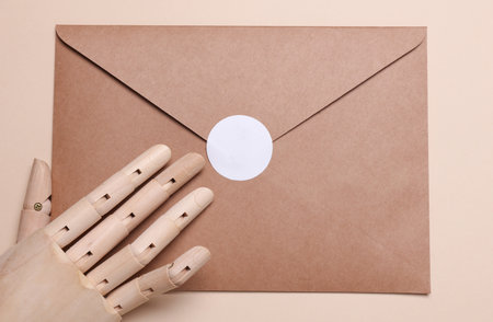 Wooden puppet hand holding Kraft envelope with white blank sticker on beige background. Top view