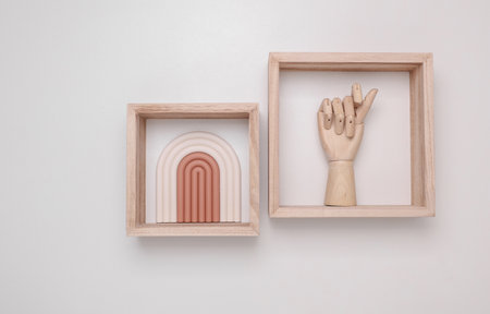 Square Wooden Wall Shelves with Decorの写真素材