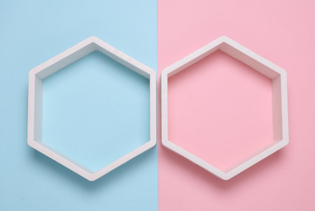 Hexagonal honeycomb shelves on pink blue background