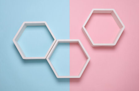 Hexagonal honeycomb shelves on pink blue background