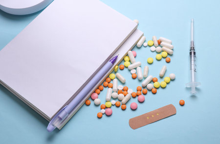 Blank medical journals or notebooks with white cover and medicines on blue background. Mockup for...