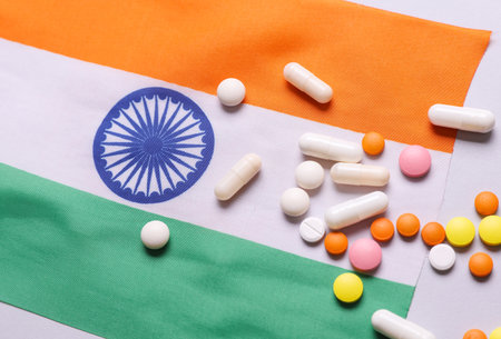 Indian flag and pills. Concept of health careの写真素材