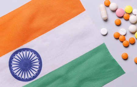 Indian flag and pills. Concept of health careの写真素材