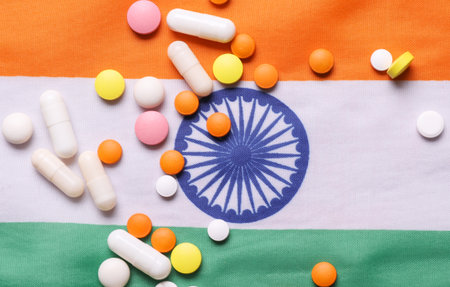 Indian flag and pills. Concept of health careの写真素材