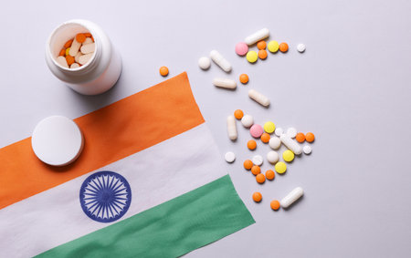 Indian flag and pills. Concept of health careの写真素材