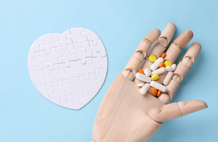 Wooden puppet hand holding pills and white puzzle in the shape of a heart on blue background. Diagnosis and treatment of heart diseases. Love concept.の写真素材