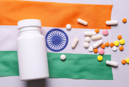 Indian flag and pills. Concept of health careの写真素材