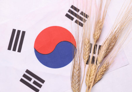 Ears of wheat with South Korea flag. Trade export and economy, grain deal and world food security concept.の写真素材