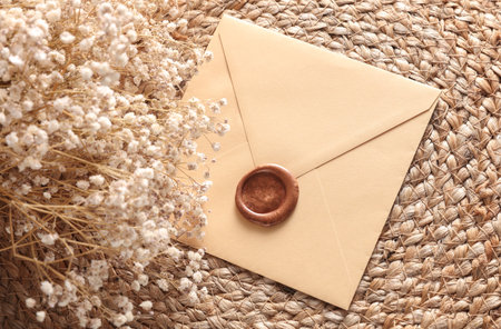 Vintage envelope with wax seal and stamp, dry grass on woven mat, Wedding invitation