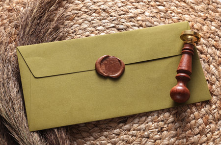 Vintage envelope with wax seal and stamp, dry grass on woven mat, Wedding invitation