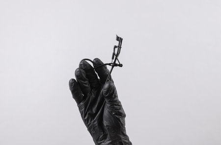 Makeup artist's hand holding eyelash curler on gray backgroundの写真素材