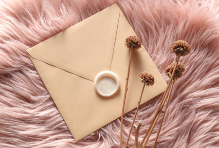Vintage envelope with wax seal and stamp, dry grass on pink fluffy background, Wedding invitationの写真素材