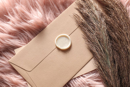 Vintage envelope with wax seal and stamp, dry grass on pink fluffy background, Wedding invitationの写真素材