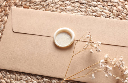 Vintage envelope with wax seal and stamp, dry grass on woven mat, Wedding invitationの写真素材