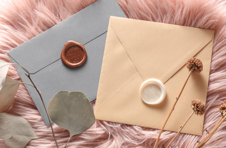 Vintage envelopes with wax seal and stamp, dry grass on pink fluffy background, Wedding invitationの写真素材