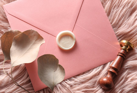 Vintage envelope with wax seal and stamp, dry grass on pink fluffy background, Wedding invitation