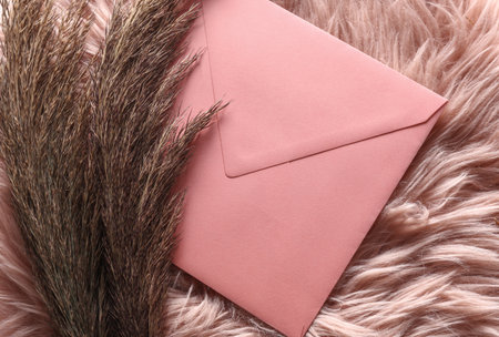 Pink Envelope with dry grass on pink fluffy background, Wedding invitationの写真素材