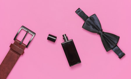 Bow tie, belt, perfume bottle on pink background. Gents accessories, men's business style set. Formal style, preparing for the wedding.の写真素材