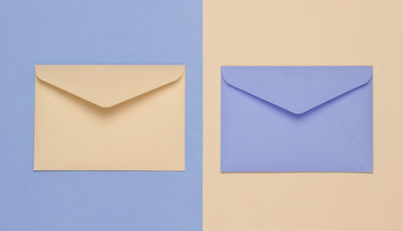Two envelopes of pink and blue pastel colors. Flat lay mockup for valentines day, wedding or birthday. Top viewの写真素材