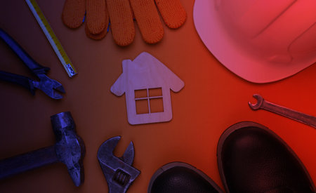 DIY home tool. Construction tools and house figure in neon light. Flat lay composition. Top view
