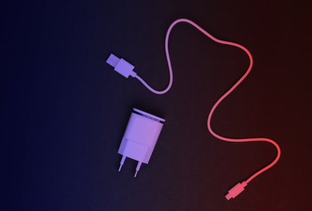 Charger with cable on black background. Neon light. Top viewの写真素材