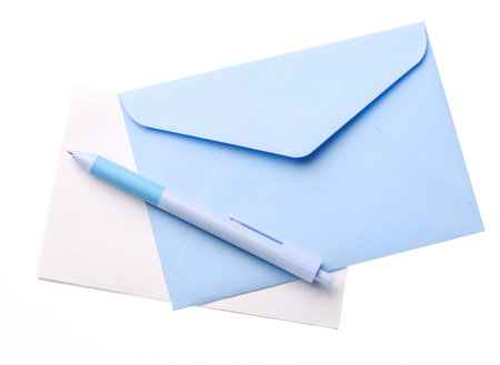 Blue Envelope with a letter and pen isolated on white background.の写真素材