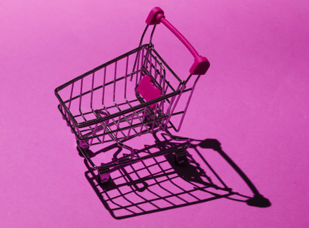 Shopping trolley on pink background with shadows. Mini shopping conceptの写真素材