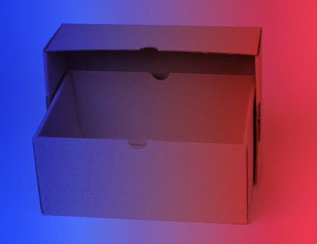 Empty cardboard box iin neon lightの写真素材